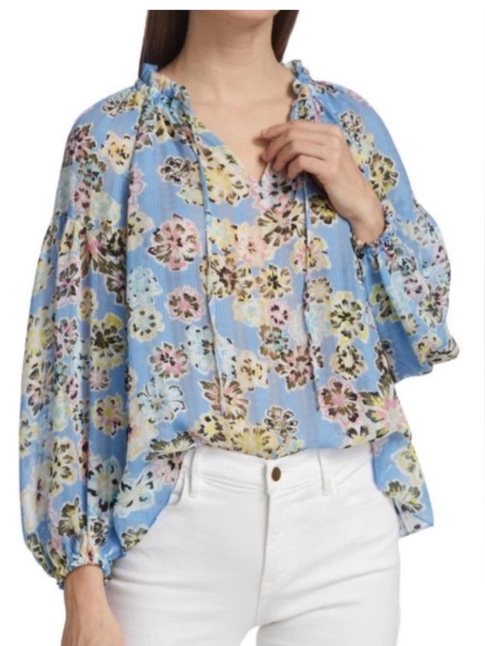 Tanya Taylor Light Blue Floral Ruffle-Neck Blouse